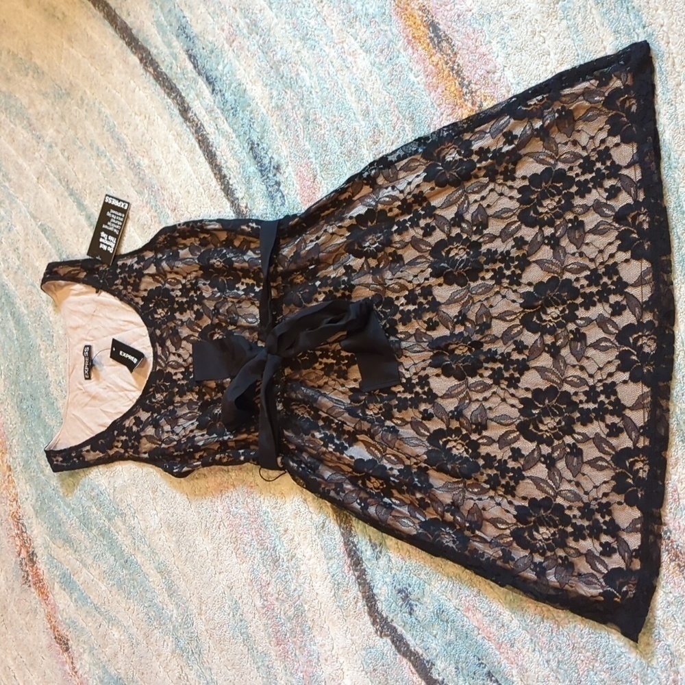 Express Lace Floral Dress Black Lined Bow Sleeveless Small nwt Romance Coquette